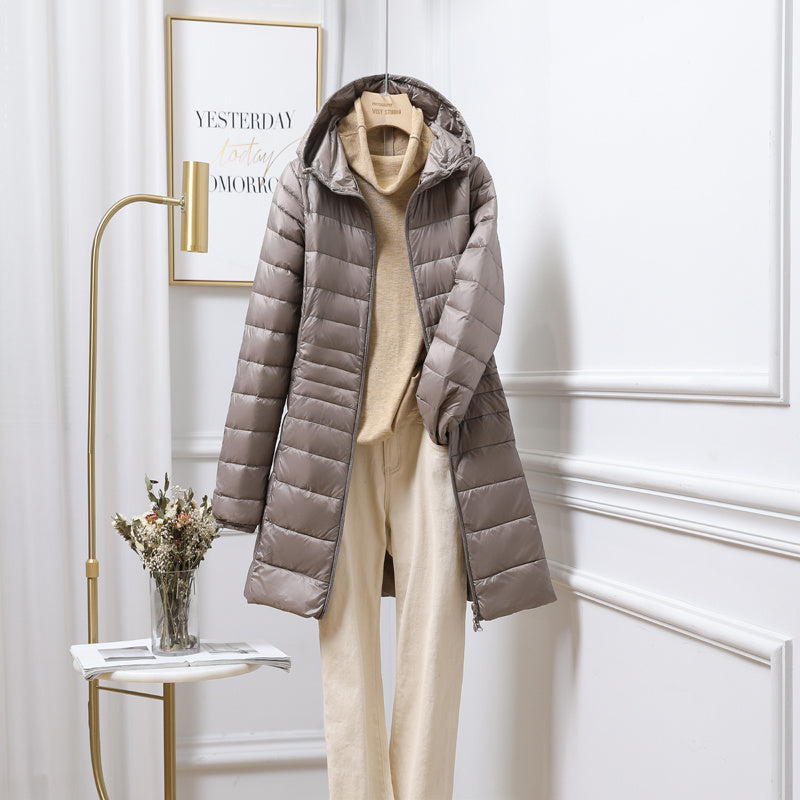 Women’s Solid Color Casual Hooded Down Jacket - Grey / S