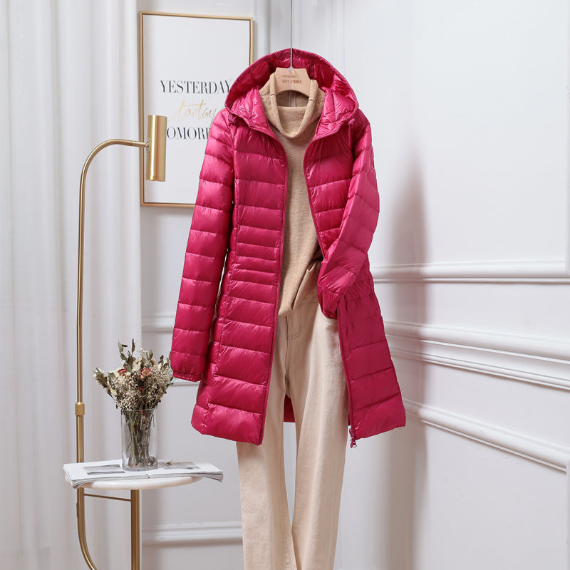 Women’s Solid Color Casual Hooded Down Jacket - Rose Red / S