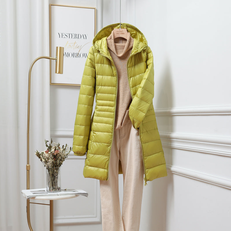 Women’s Solid Color Casual Hooded Down Jacket - Yellowish green / S