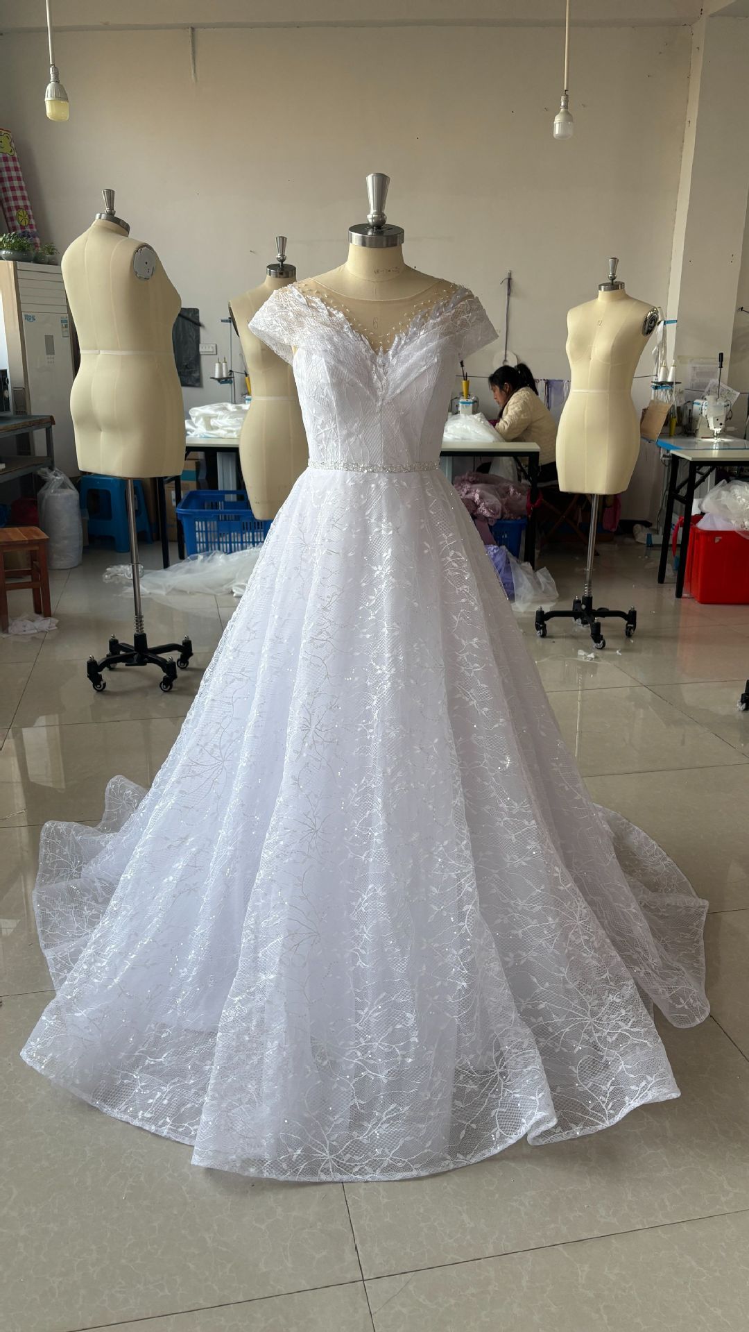 Off-shoulder Light Wedding Dress Bridal Main Yarn Lace Wedding Veil Small Trailing - Pure White / 2