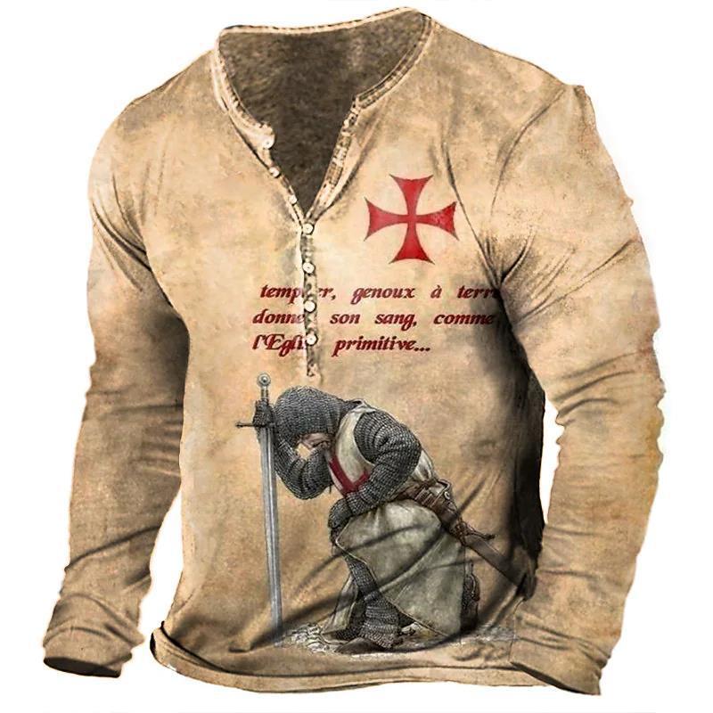 Open Placket Button Digital Printing Men’s Long-sleeved T-shirt