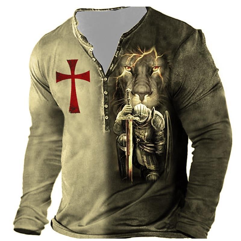 Open Placket Button Digital Printing Men’s Long-sleeved T-shirt