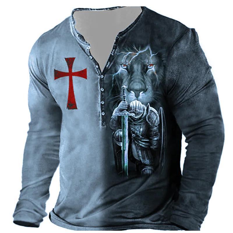 Open Placket Button Digital Printing Men’s Long-sleeved T-shirt