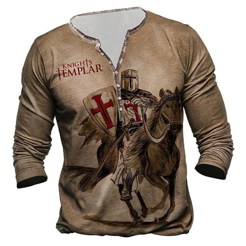 Open Placket Button Digital Printing Men’s Long-sleeved T-shirt - CX7kouLion091201 / S