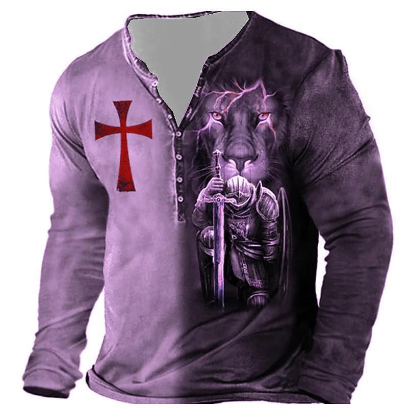 Open Placket Button Digital Printing Men’s Long-sleeved T-shirt - CX7KouLion06 / S