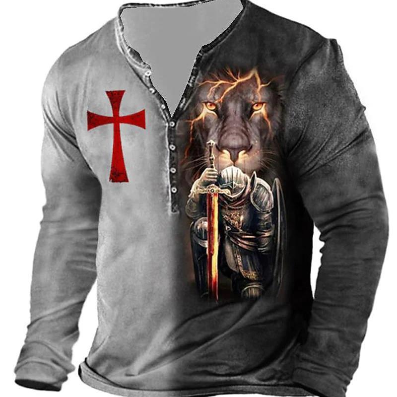 Open Placket Button Digital Printing Men’s Long-sleeved T-shirt - CX7KouLion01 / S