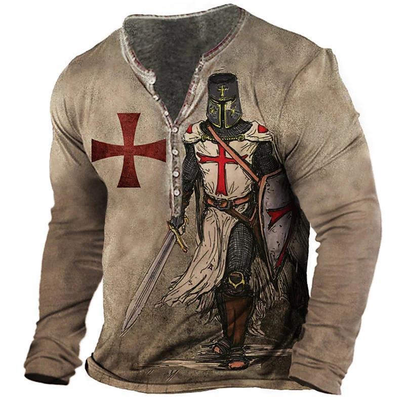 Open Placket Button Digital Printing Men’s Long-sleeved T-shirt