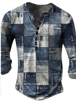 Open Placket Button Digital Printing Men’s Long-sleeved T-shirt - Style 1 / 2XL