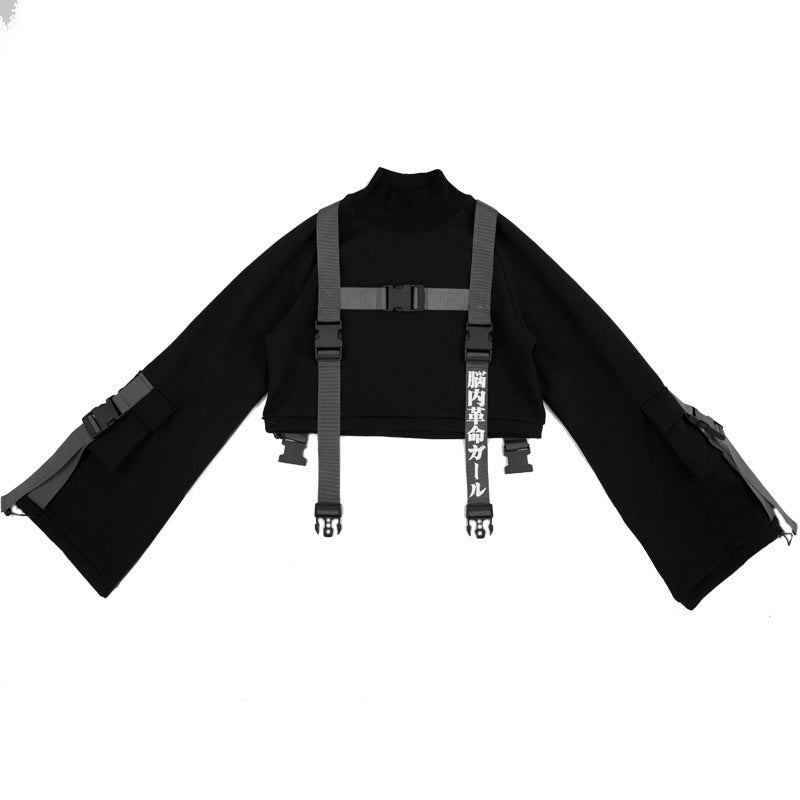 Original Dark Functional Wind Ins Webbing Plus Fleece Short Sweater - Black / One size