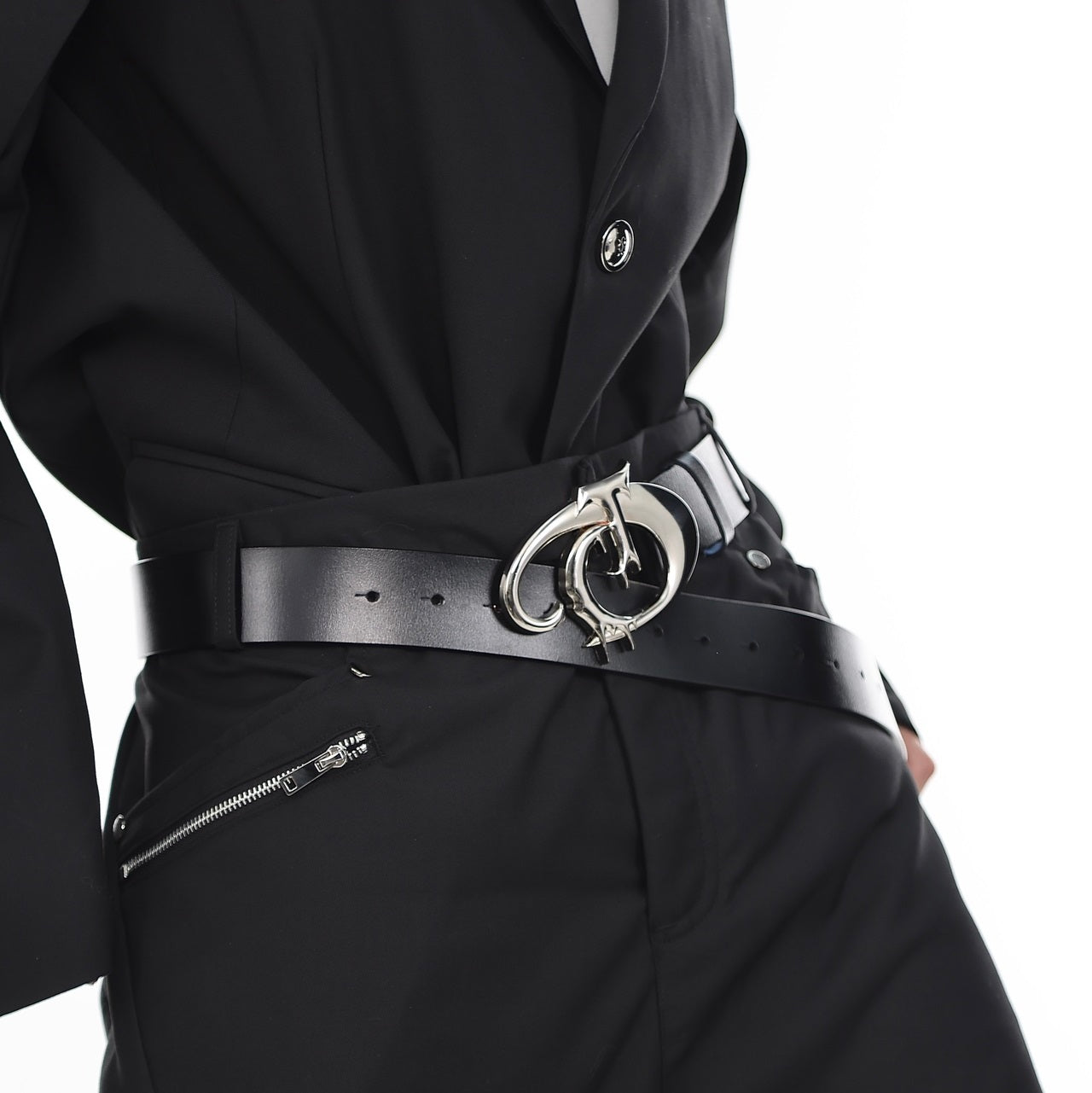 Original Niche Pioneer Irregular Metal Logo Belt Men And Women - Black 110cm