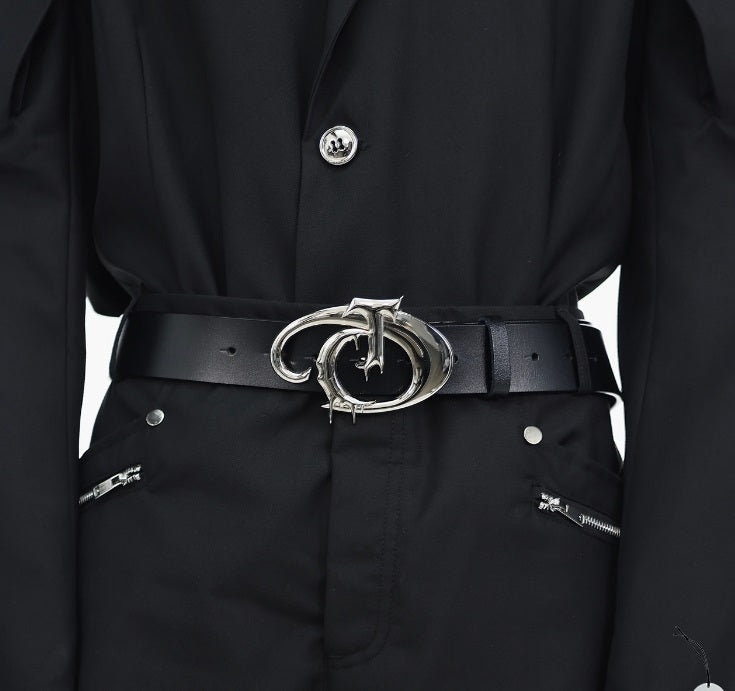 Original Niche Pioneer Irregular Metal Logo Belt Men And Women - Black 110cm