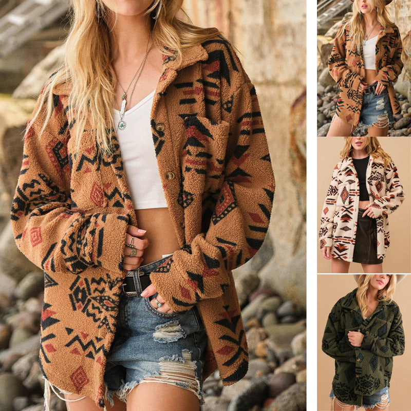 Women’s Retro Plush Lapel Long-sleeved Jacket