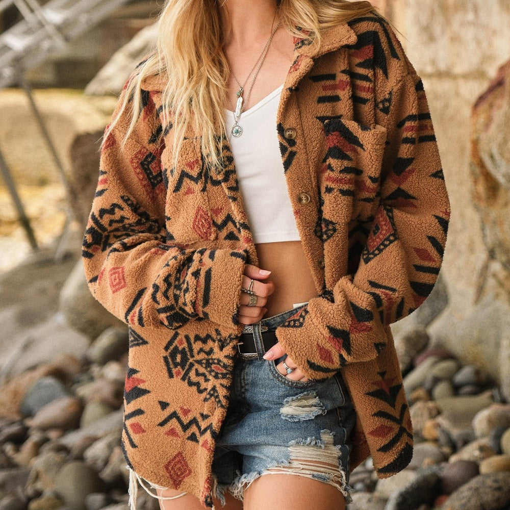 Women’s Retro Plush Lapel Long-sleeved Jacket