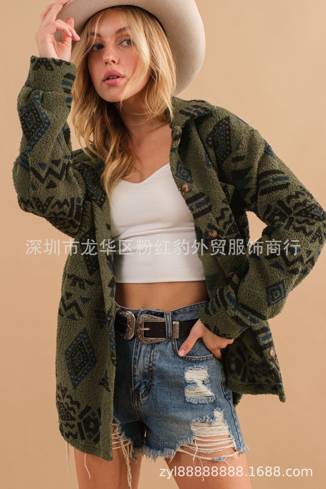 Women’s Retro Plush Lapel Long-sleeved Jacket - Army Green / S