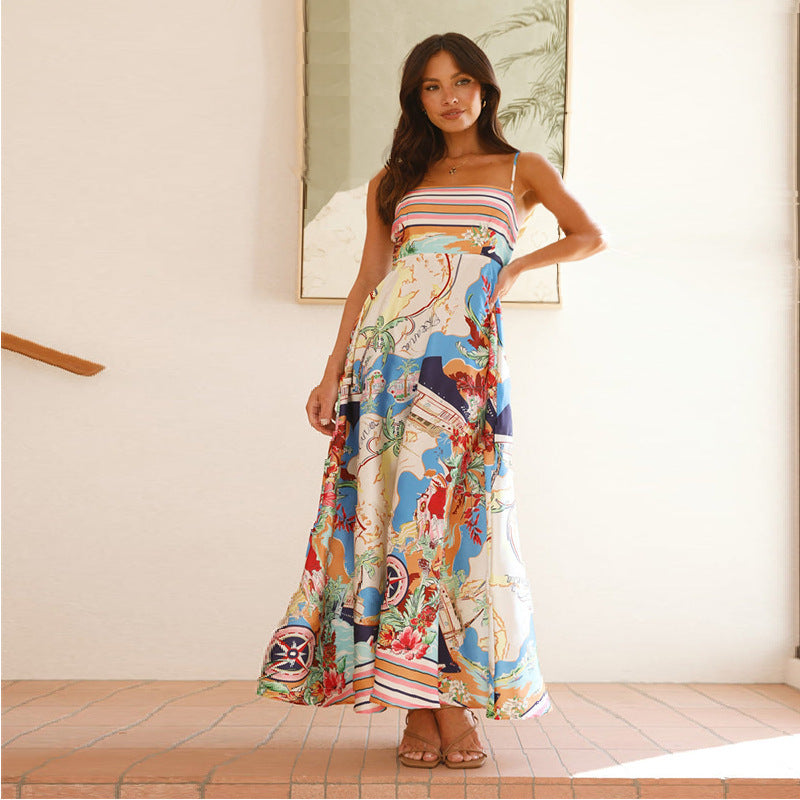Painted Vacation Style Large Swing Sling Dress Women - Blue Beach / S