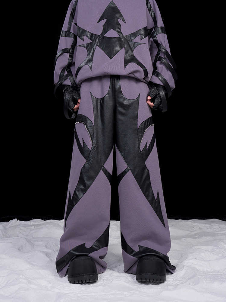 High-grade Heavy Leather Patchwork Casual Pants Men’s Waist LOGO Loose Straight Sweatpants