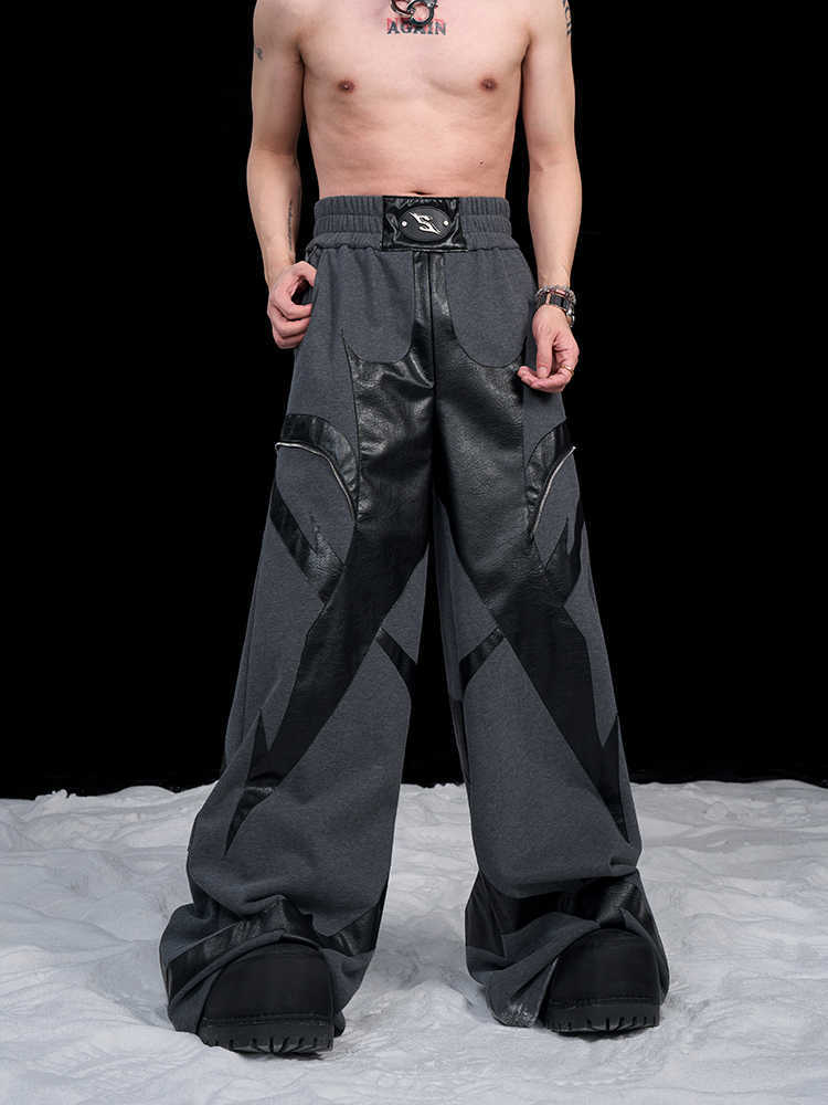 High-grade Heavy Leather Patchwork Casual Pants Men’s Waist LOGO Loose Straight Sweatpants