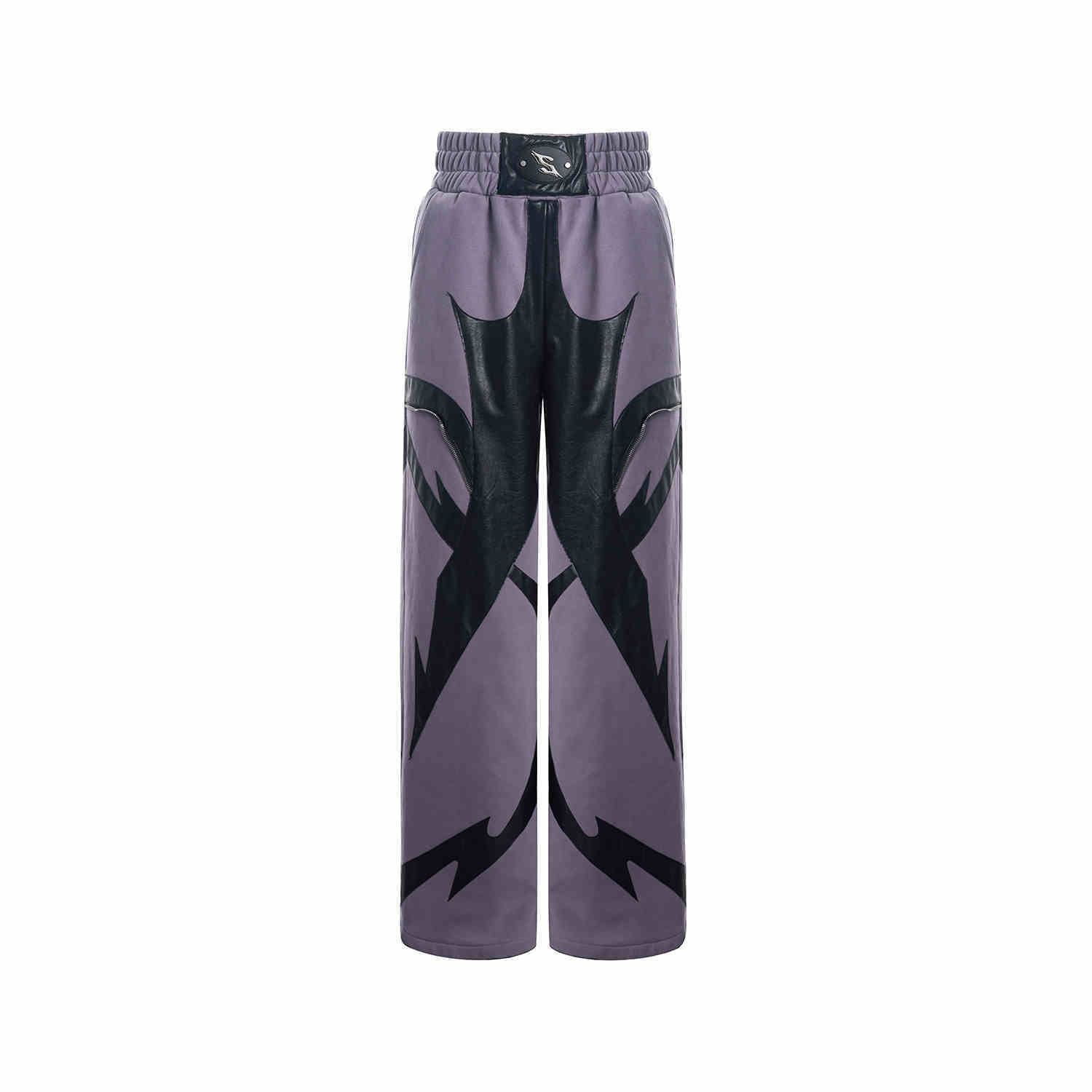 High-grade Heavy Leather Patchwork Casual Pants Men’s Waist LOGO Loose Straight Sweatpants - Purple Pants / S