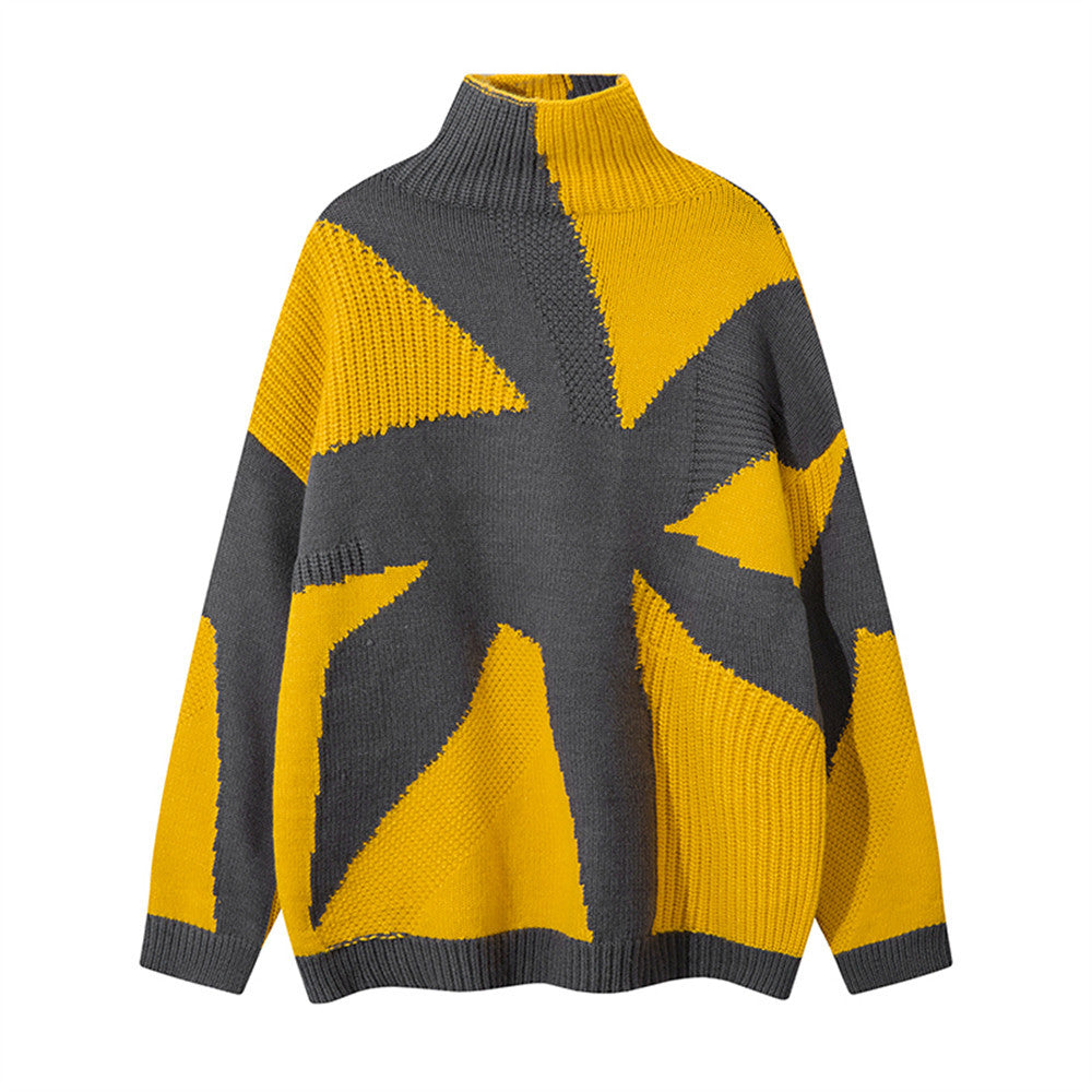 Patchwork Contrast Color Irregular Turtleneck Sweater - Yellow / M