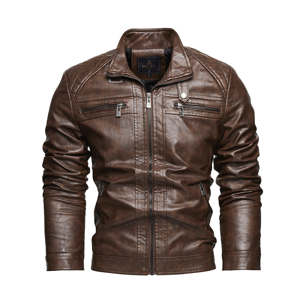 Personalized Trendy Pocket Pu Leather Coat Trendy Men Leather Jacket - Brown / L
