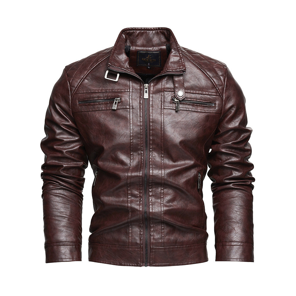 Personalized Trendy Pocket Pu Leather Coat Trendy Men Leather Jacket - Wine Red / L