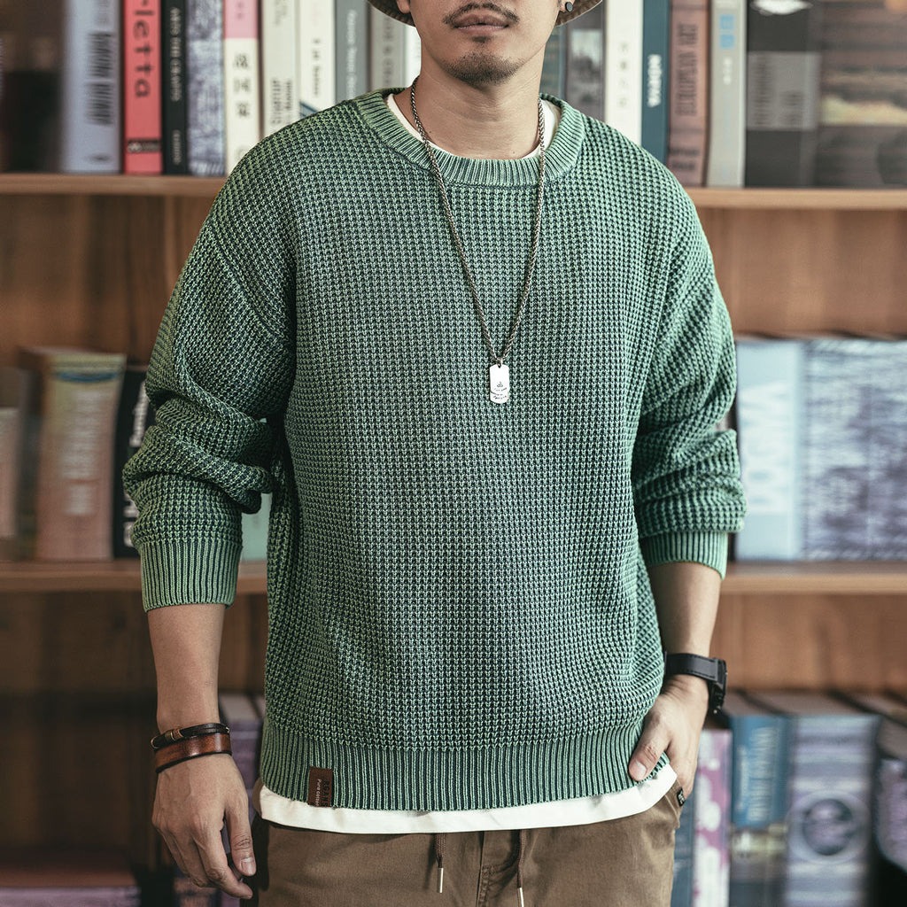 Pineapple Pattern Waffle Thick Needle Washed Round Neck Sweater - Stonewashed Green / S