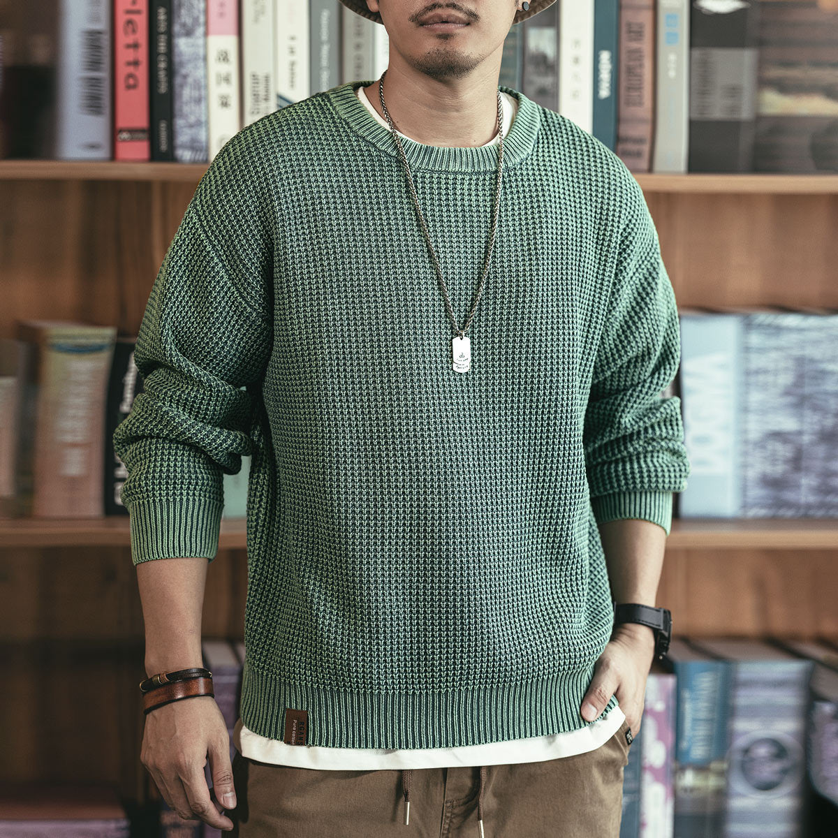 Pineapple Pattern Waffle Thick Needle Washed Round Neck Sweater - Stonewashed Green / S
