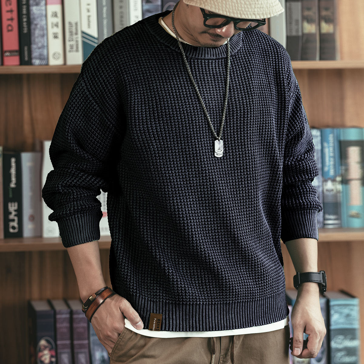 Pineapple Pattern Waffle Thick Needle Washed Round Neck Sweater - Black / S