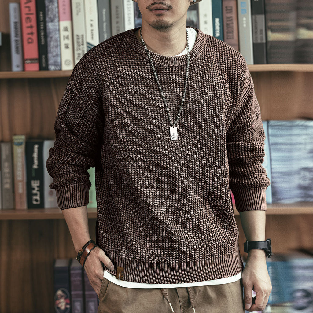 Pineapple Pattern Waffle Thick Needle Washed Round Neck Sweater - Dark Coffee / S
