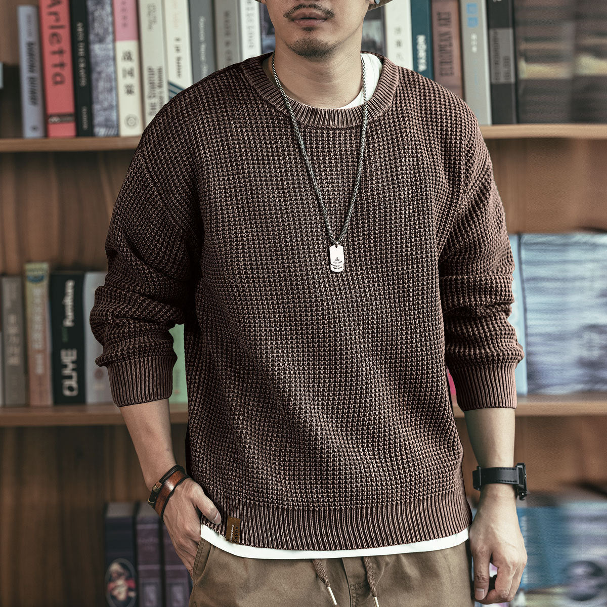 Pineapple Pattern Waffle Thick Needle Washed Round Neck Sweater - Dark Coffee / S