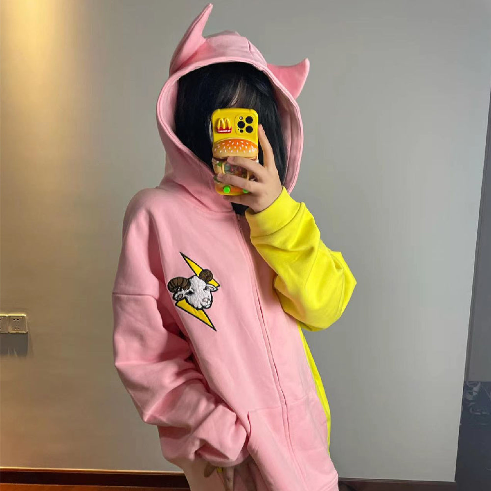 Women’s Hooded Zipper Detachable Tail Sweater - Pink / S