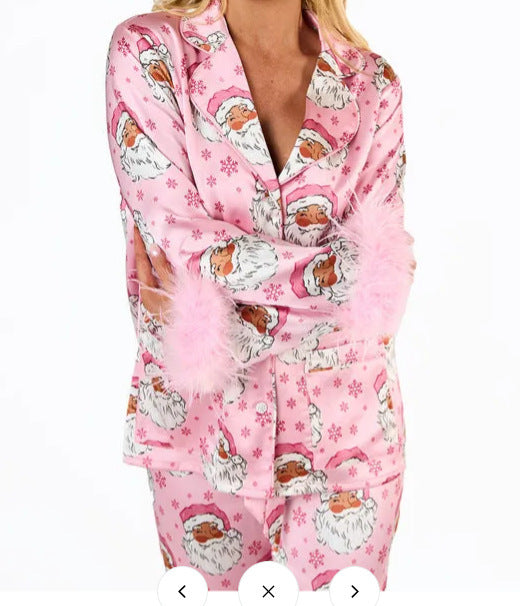 Women’s Satin Printed Santa Claus Casual Suit Pajamas