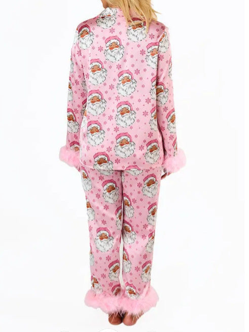 Women’s Satin Printed Santa Claus Casual Suit Pajamas - Pink / S