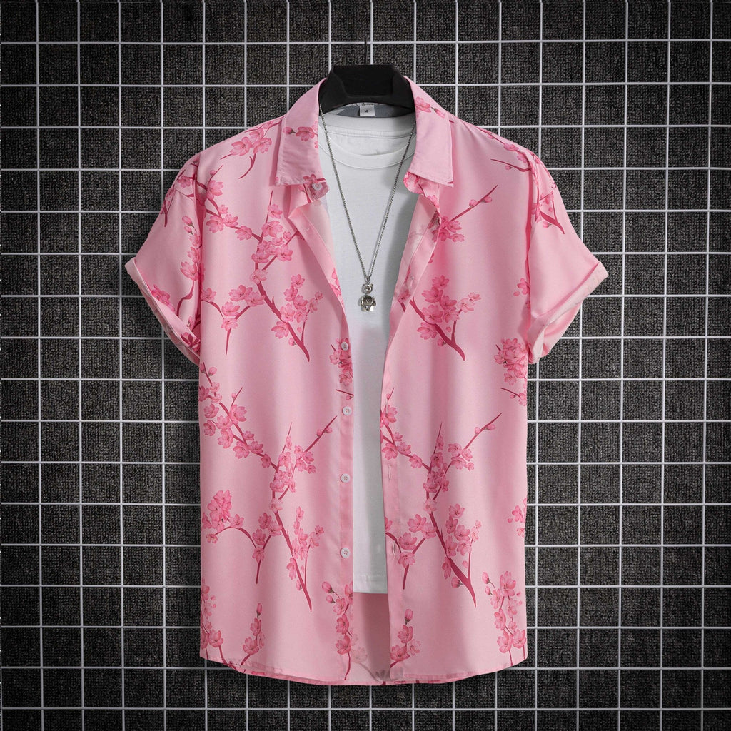 Digital Printing Floral Short Sleeve Shirt - Pink / S