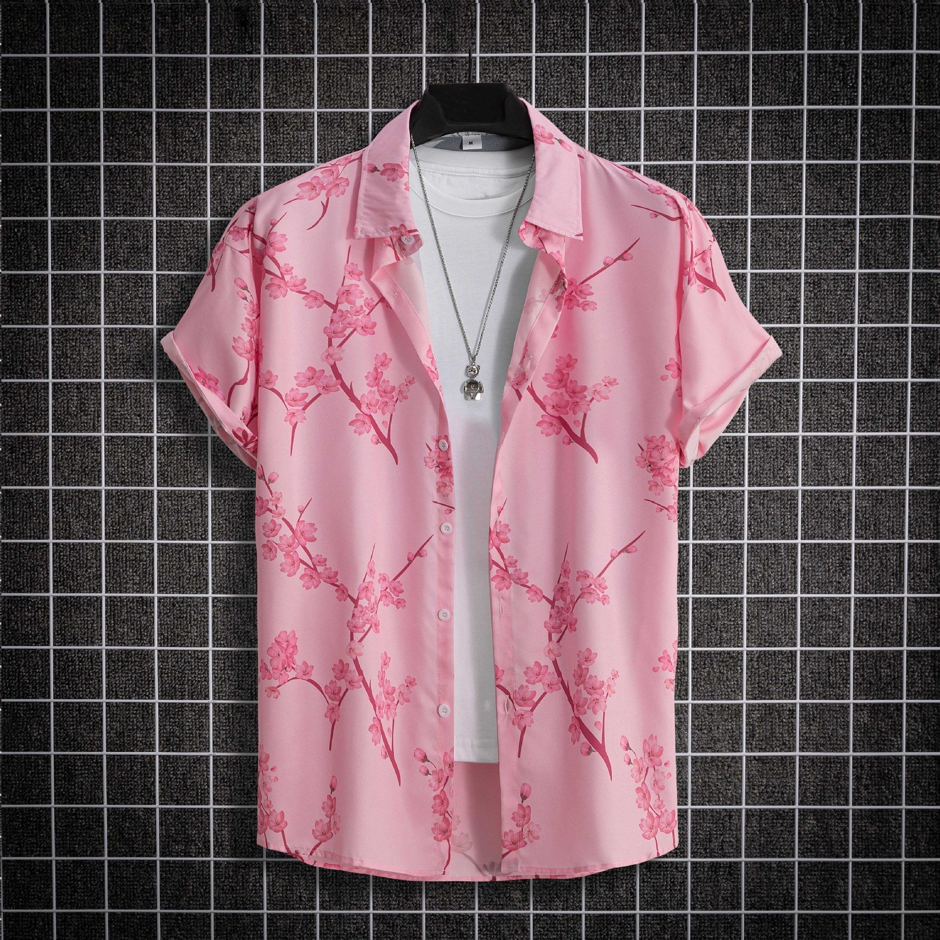 Digital Printing Floral Short Sleeve Shirt - Pink / S