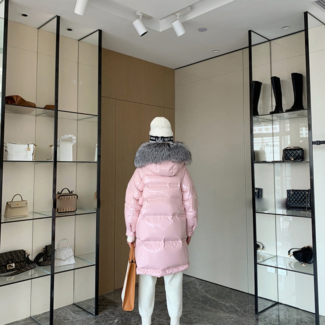 Women’s Long Pink Glossy Fur Collar Winter High-end Down Jacket