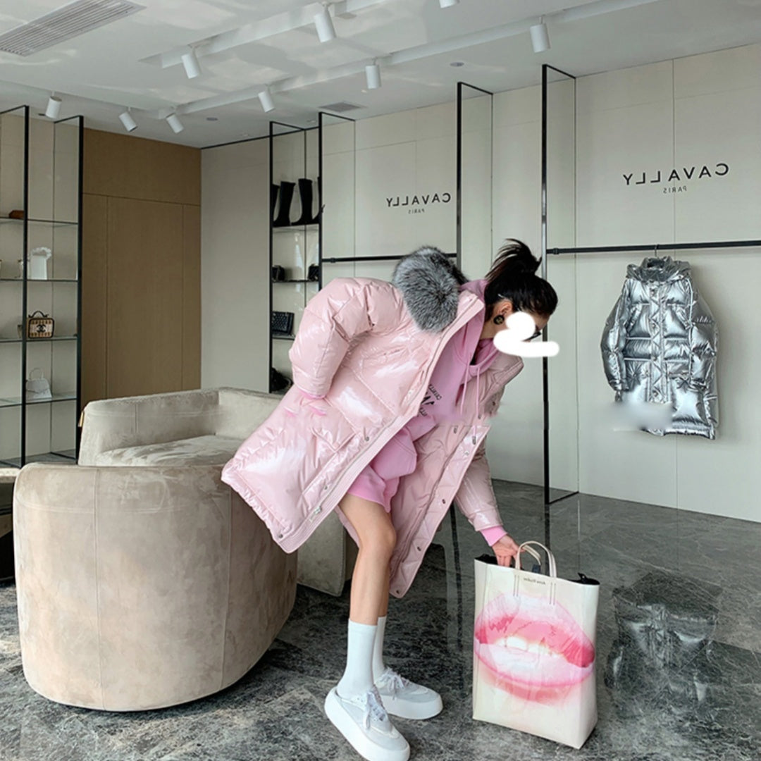 Women’s Long Pink Glossy Fur Collar Winter High-end Down Jacket