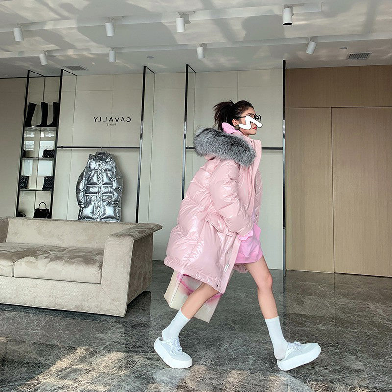 Women’s Long Pink Glossy Fur Collar Winter High-end Down Jacket - Pink Fur Collar / S