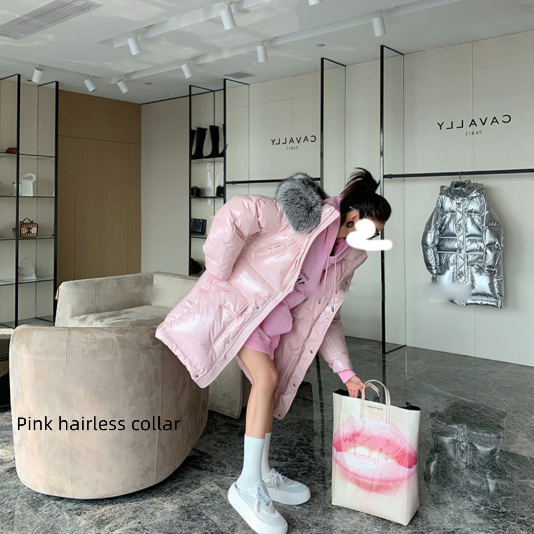Women’s Long Pink Glossy Fur Collar Winter High-end Down Jacket - Pink / S