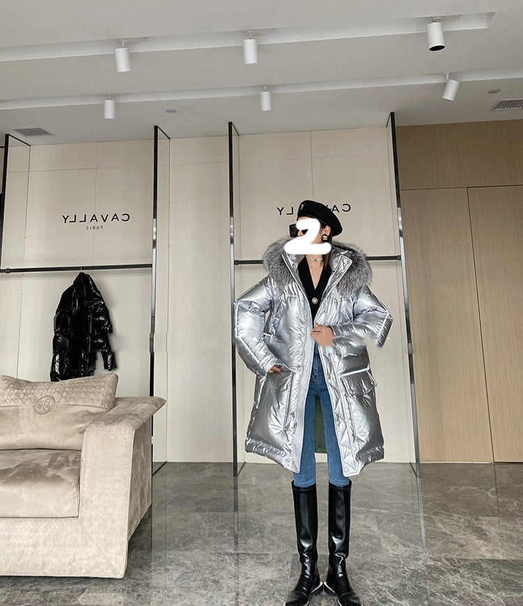 Women’s Long Pink Glossy Fur Collar Winter High-end Down Jacket - Silver Fur Collar / S
