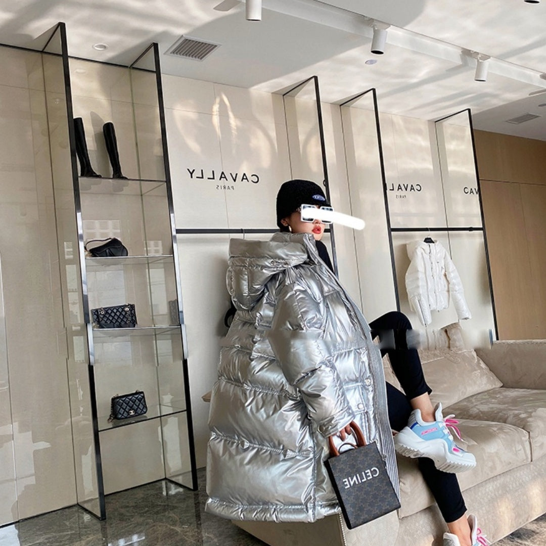 Women’s Long Pink Glossy Fur Collar Winter High-end Down Jacket - Silver / S