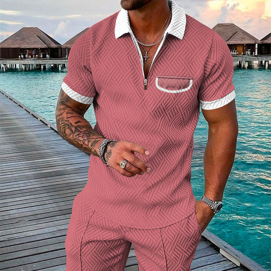 Men’s Summer Fashion 3D Printed Short Sleeve Geometric Zip Lapel Shirt Set