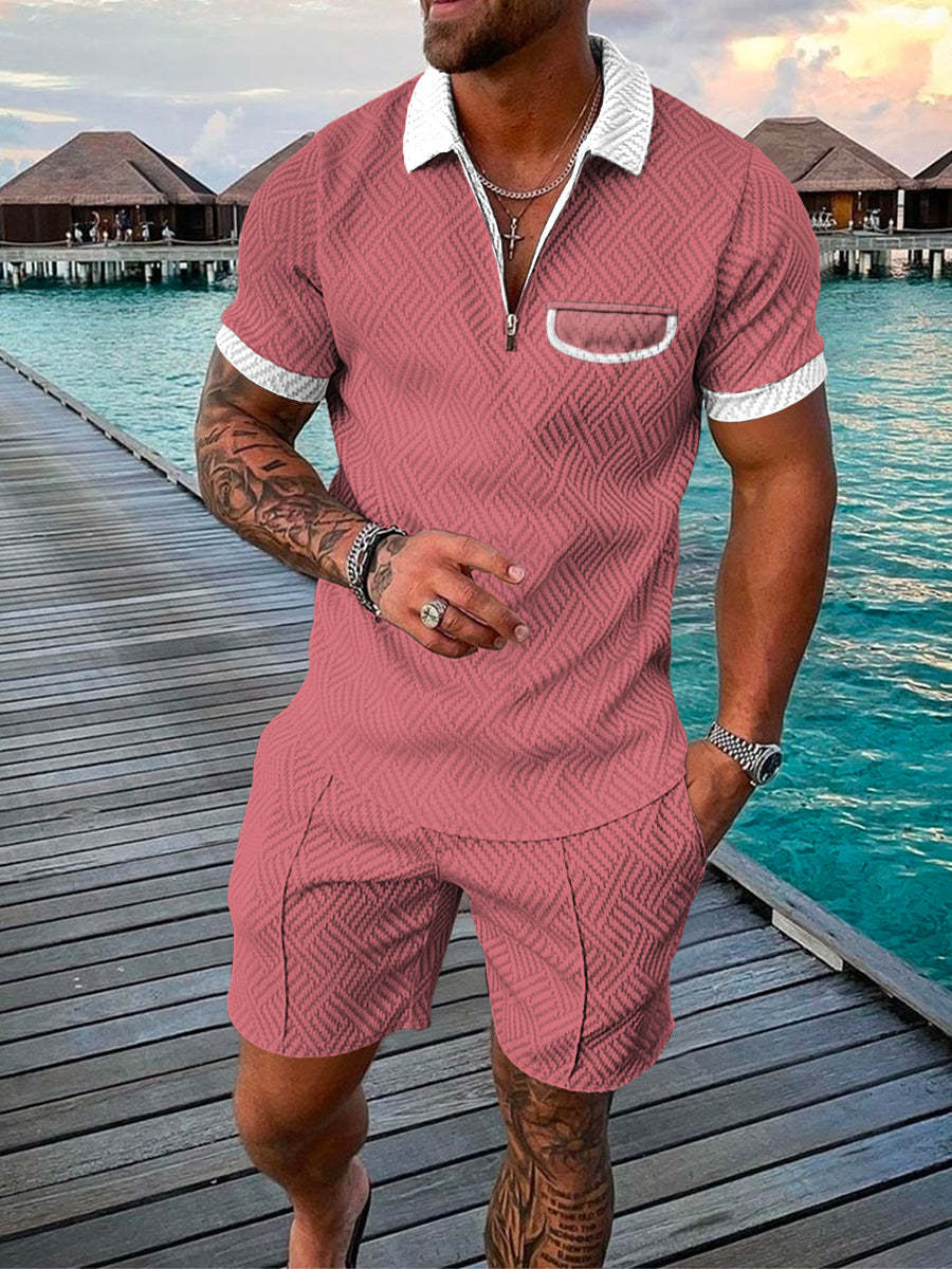 Men’s Summer Fashion 3D Printed Short Sleeve Geometric Zip Lapel Shirt Set - Pink / S
