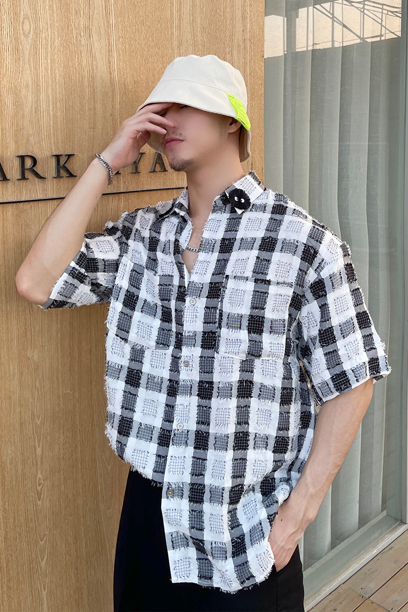 Little Wolf Dog Upper Body Super Good-looking Stitching Retro Fashionable Loose Summer Casual Plaid POLO Shirt