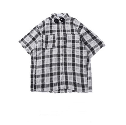Little Wolf Dog Upper Body Super Good-looking Stitching Retro Fashionable Loose Summer Casual Plaid POLO Shirt
