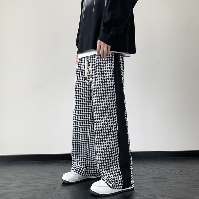 Houndstooth Stitching Chenille Casual Pants - Black / M