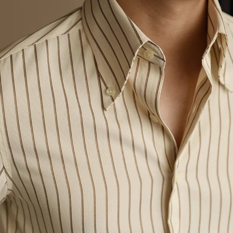 Men’s Business Non-ironing Slim-fit Gentleman Versatile Fashion Pointed Buckle Collar Shirt - Brown Stripes / M
