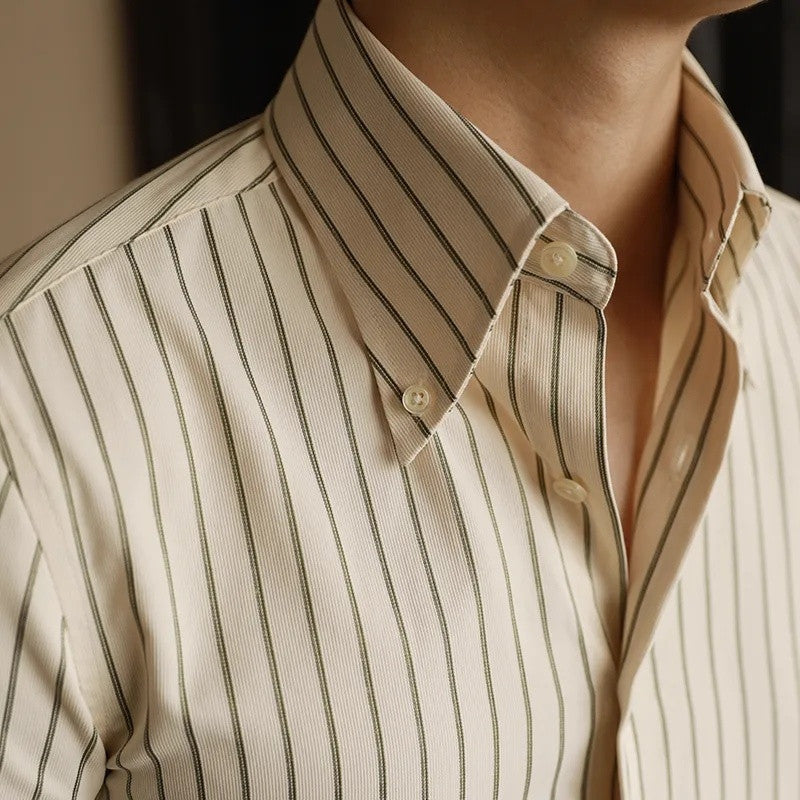 Men’s Business Non-ironing Slim-fit Gentleman Versatile Fashion Pointed Buckle Collar Shirt - Green Stripes / M