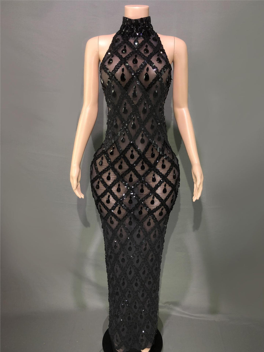 Plus Size Women’s Evening Party Shiny Rhinestone Dress - Black Stripe / S