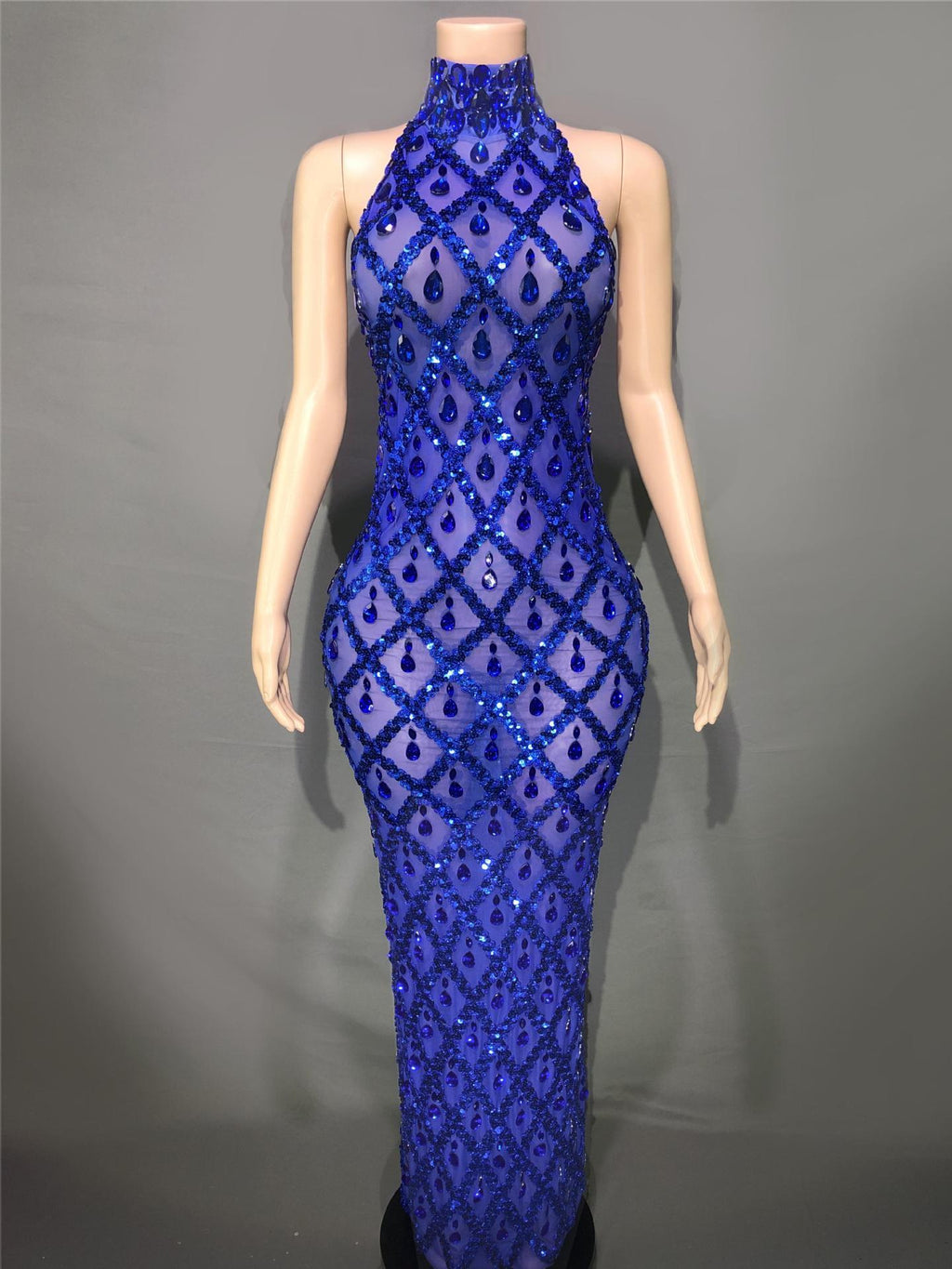 Plus Size Women’s Evening Party Shiny Rhinestone Dress - Blue Bottomed Blue Stripes / S